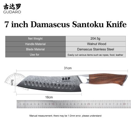 Gudaro - Faca de cozinha Santoku TAKUMI em aço damasco 7, 67 camadas, comprimento 17,5 cm, cabo em nogueira
