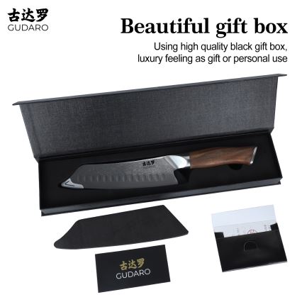 Gudaro - Faca de cozinha Santoku TAKUMI em aço damasco 7, 67 camadas, comprimento 17,5 cm, cabo em nogueira