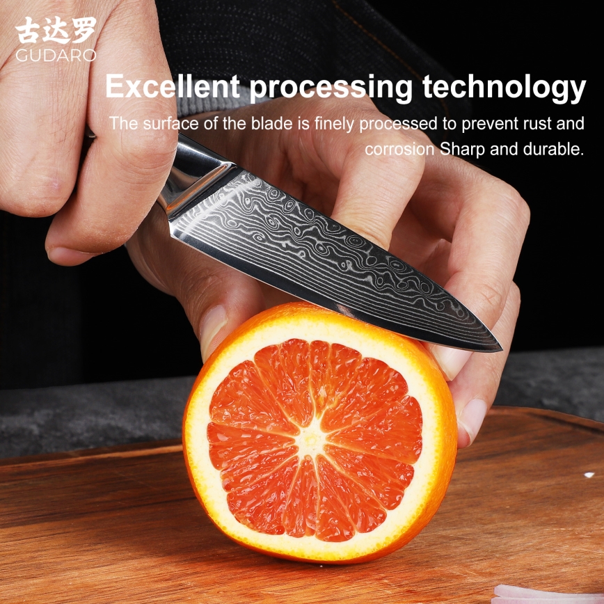 Gudaro - Faca de cozinha KENSHO 3,5, aço damasco de 67 camadas, comprimento 9,5 cm