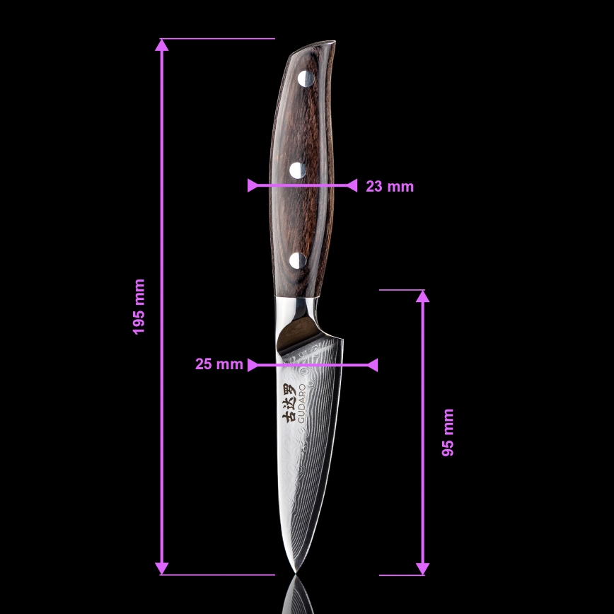Gudaro - Faca de cozinha SHIRO em aço damasco 3,5, 67 camadas de aço, comprimento 9,5 cm