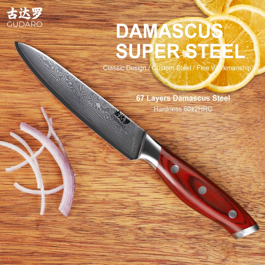 Gudaro - Faca de cozinha universal em aço damasco KENSHO 5, 67 camadas de aço, comprimento 12,5 cm