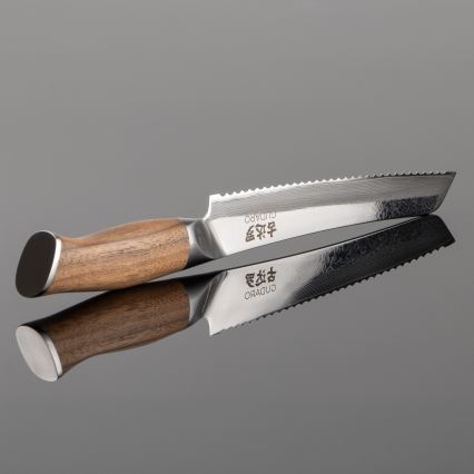 Gudaro - Faca para pão em aço damasco TAKUMI 8, 67 camadas de aço, comprimento 20 cm, cabo em nogueira