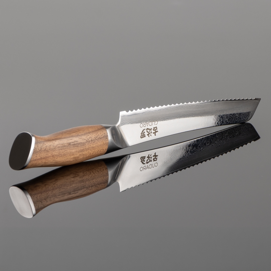 Gudaro - Faca para pão em aço damasco TAKUMI 8, 67 camadas de aço, comprimento 20 cm, cabo em nogueira