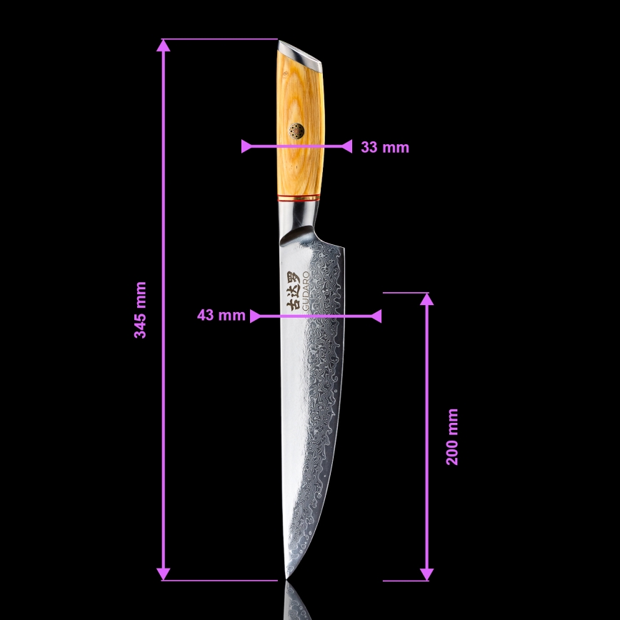 Gudaro - Faca para porcionar HIKARI 8, aço damasco com 67 camadas, comprimento 20 cm