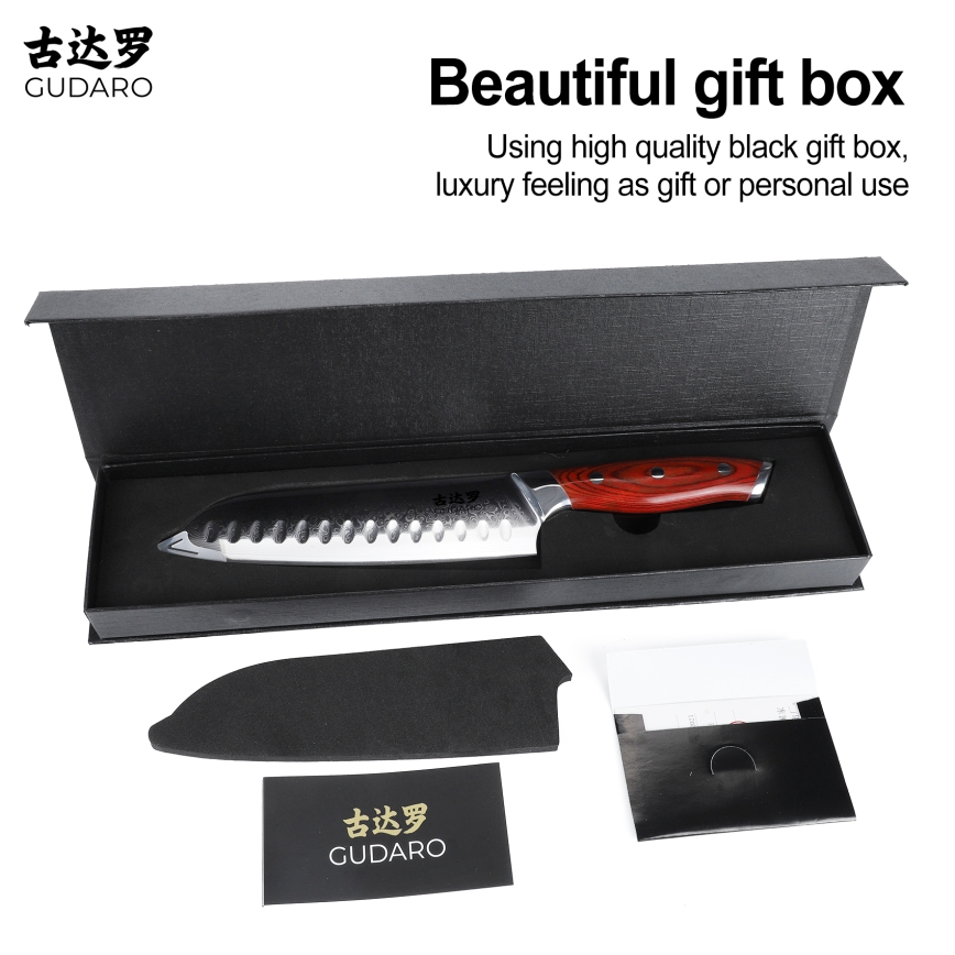 Gudaro - Faca Santoku de cozinha KENSHO 7, em aço damasco de 67 camadas, comprimento 17,5 cm