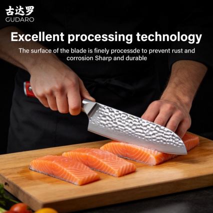 Gudaro - Faca de cozinha Santoku MIYABI 7, aço damasco de 67 camadas, comprimento 17,5 cm