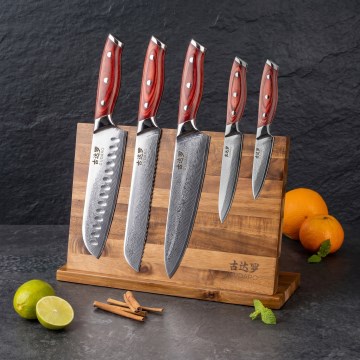 Gudaro - Jogo de 5 facas de cozinha em aço damasco KENSHO + suporte magnético