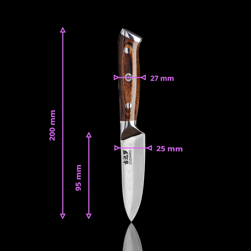 Gudaro - CONJUNTO 1x Faca de Chef em aço damasco FENG 8, 67 camadas de aço, comprimento 20 cm + 1x Faca Santoku em aço damasco FENG 7,5, 67 camadas de aço, comprimento 18 cm + 1x GRÁTIS Faca de cozinha em aço damasco FENG 3,5, 67 camadas de aço, c
