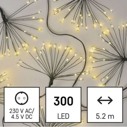 Guirlanda de Natal LED, 300 LEDs, 5,2+3 m, branco quente