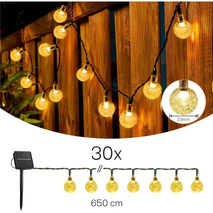 Guirlanda decorativa solar LED 30 LEDs / 8 funções, 500 mAh, 6,5 m, IP67, branco quente
