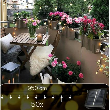 Guirlanda decorativa solar LED, 50 LEDs, 8 funções, 500 mAh, 9,5 m, IP67, branco quente