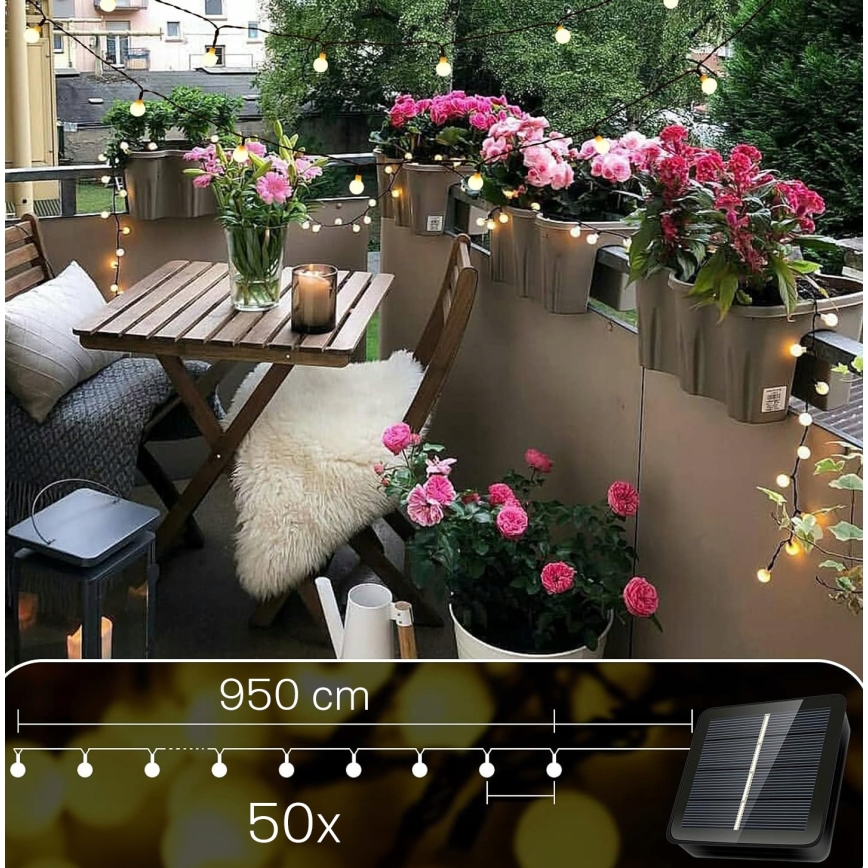 Guirlanda decorativa solar LED, 50 LEDs, 8 funções, 500 mAh, 9,5 m, IP67, branco quente