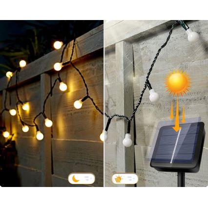 Guirlanda decorativa solar LED, 50 LEDs, 8 funções, 500 mAh, 9,5 m, IP67, branco quente