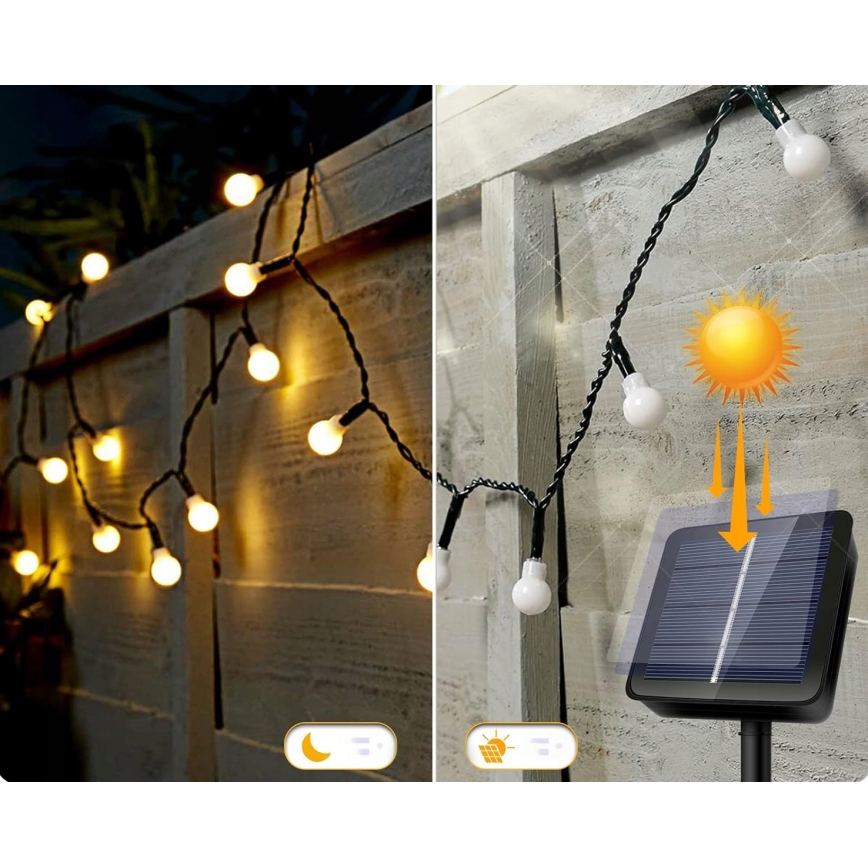 Guirlanda decorativa solar LED, 50 LEDs, 8 funções, 500 mAh, 9,5 m, IP67, branco quente
