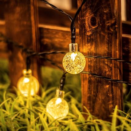 Guirlanda decorativa solar LED 50 LEDs, 8 funções, bateria 500 mAh, 9,5 m, IP67, branco quente