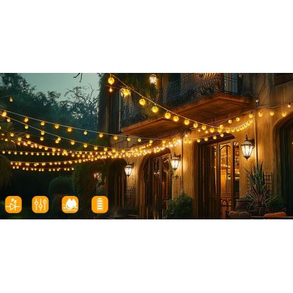 Guirlanda decorativa solar LED 50 LEDs, 8 funções, bateria 500 mAh, 9,5 m, IP67, branco quente