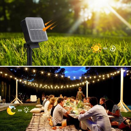 Guirlanda decorativa solar LED 50 LEDs, 8 funções, bateria 500 mAh, 9,5 m, IP67, branco quente
