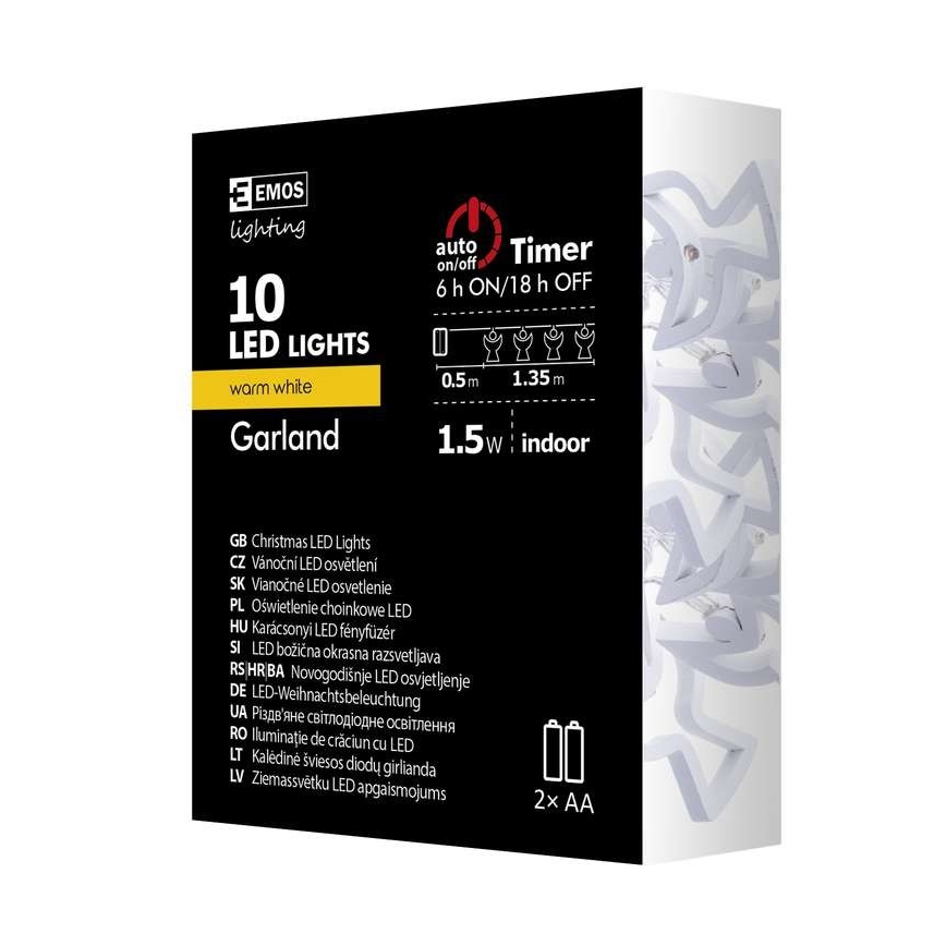 Guirlanda LED CHAIN 10xLED/2xAA 1,85 m branco quente