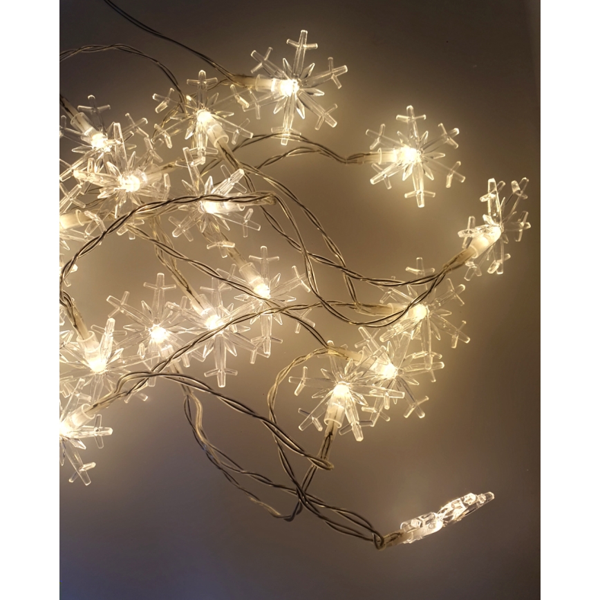 Guirlanda LED exterior 20xLED/2xAA, 2,2 m, IP44, branco quente, flocos de neve