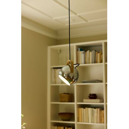 Halo Design 734443 - Lustre pendente em cabo DC 1xE27/40W/230V Ø 18 cm cromado brilhante/carvalho