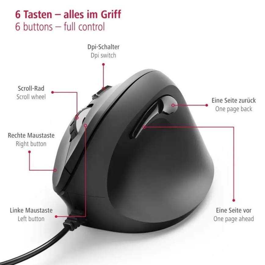 Hama - Rato ergonómico com fio 1000/1400/1800 DPI preto