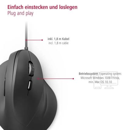 Hama - Rato ergonómico com fio 1000/1400/1800 DPI preto
