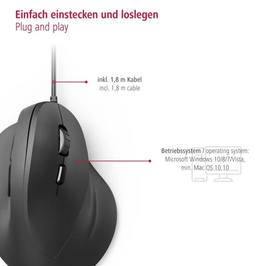 Hama - Rato ergonómico com fio 1000/1400/1800 DPI preto