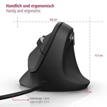 Hama - Rato ergonómico com fio 1000/1400/1800 DPI preto