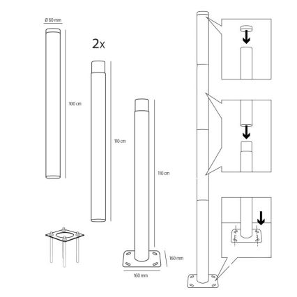 Haste metálica para poste de iluminação exterior BASE 4 m, Ø 60 mm, preta