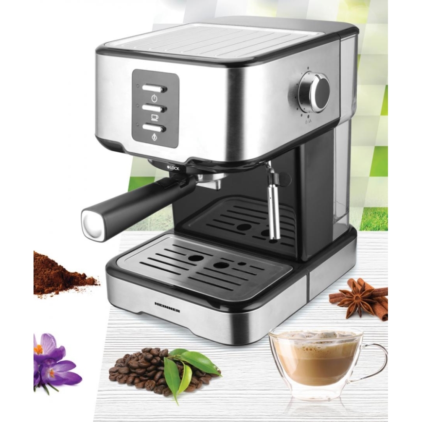 Heinner HEM-850IXBK - Máquina de café expresso com porta-filtro 850W/230V aço inoxidável/preto