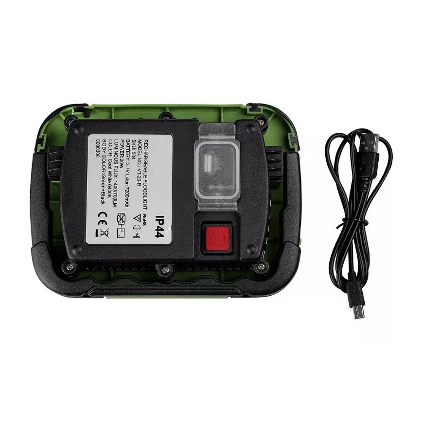 Holofote LED com regulação SAMSUNG CHIP + função SOS LED/20W/3,7V/USB IP44 4000K 7200 mAh verde