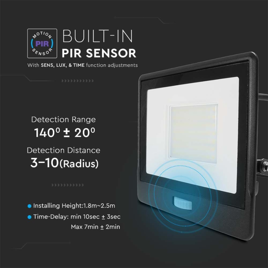 Holofote LED com sensor LED/50W/230V 4000K IP65 preto