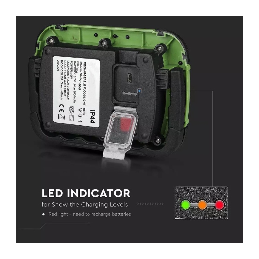 Holofote LED recarregável SAMSUNG CHIP LED/10W/3,7V IP44 4000K 3600 mAh verde