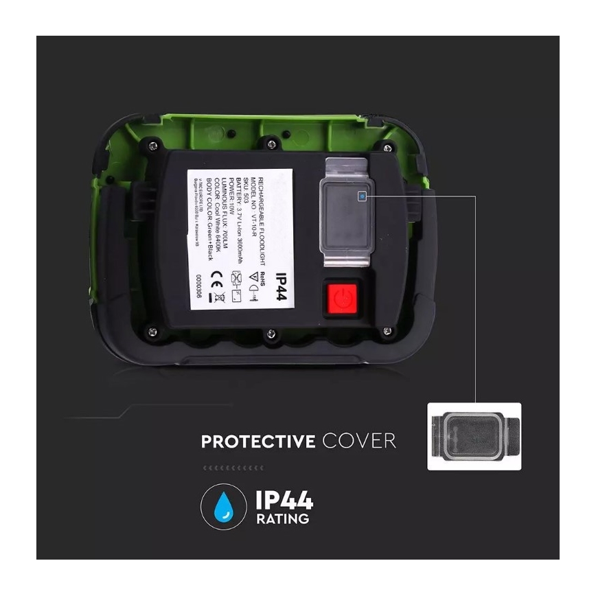 Holofote LED recarregável SAMSUNG CHIP LED/10W/3,7V IP44 4000K 3600 mAh verde