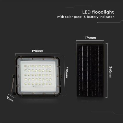 Holofote LED solar para exterior com regulação LED/10W/3,2V IP65 4000K 6000 mAh preto + comando