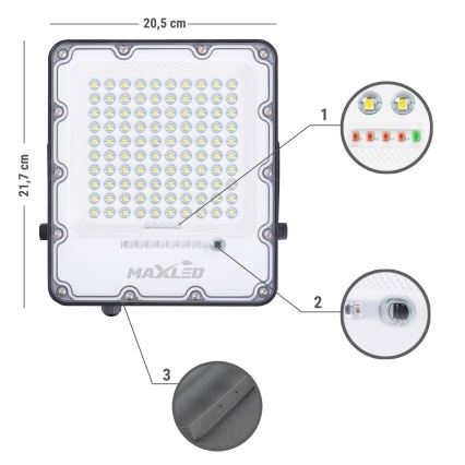 Holofote solar LED para exterior com regulação LED/100W/3,2V 4500K IP65 preto + comando