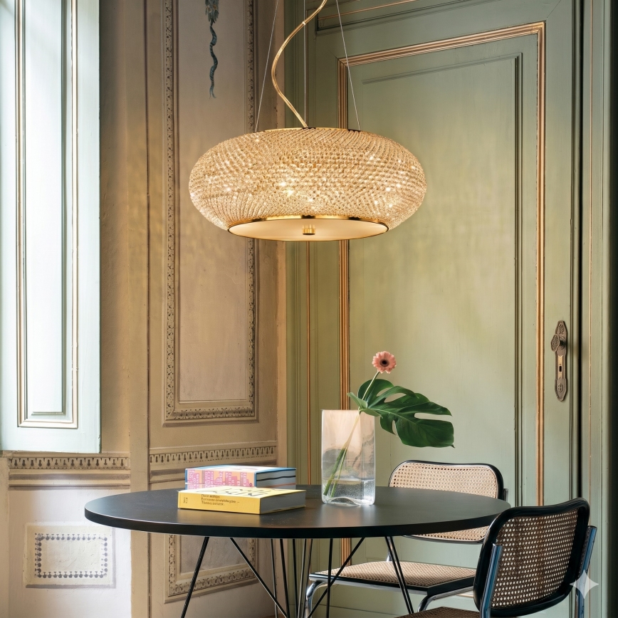 Ideal Lux - Lustre de cristal LED suspenso por cabo PASHA, 14xE14/40W/230V, diâmetro 65 cm, dourado