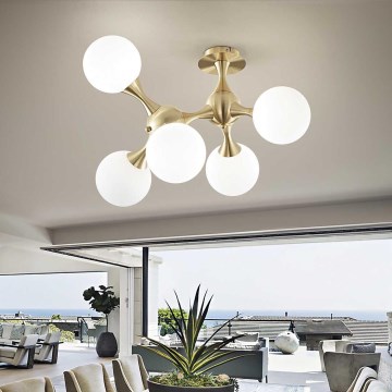 Ideal Lux - Lustre de teto de montagem rasante NODI 5xE14/28W/230V 50x55 cm latão/branco