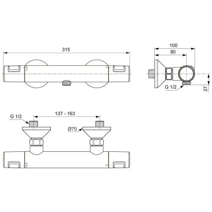 Ideal Standard A7201AA - Misturador termostático de duche CERATHERM T25, cromado brilhante