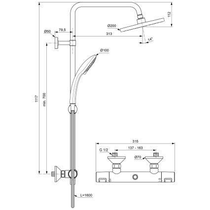 Ideal Standard A7208AA - Conjunto de duche com misturador termostático CERATHERM T25, cromado brilhante
