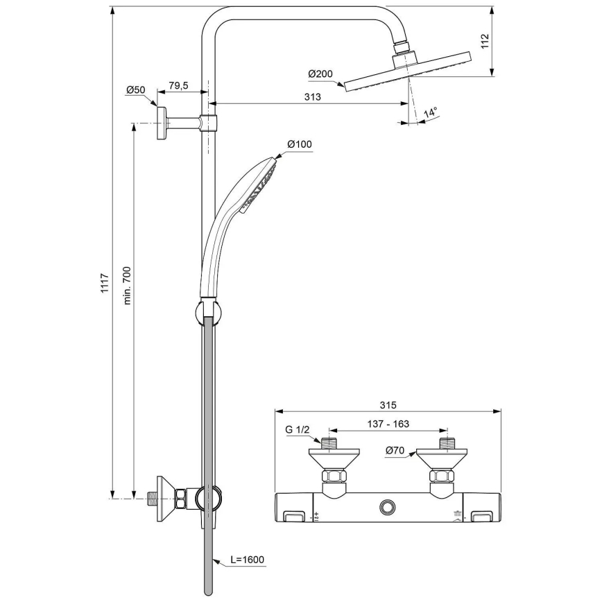 Ideal Standard A7208AA - Conjunto de duche com misturador termostático CERATHERM T25, cromado brilhante