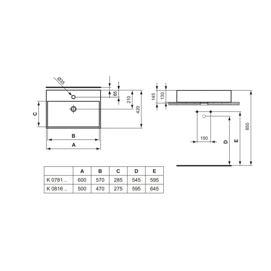 Ideal Standard K081601 - Lavatório para bancada STRADA 60x42 cm cerâmica/branco
