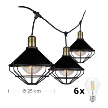 Iluminação de jardim suspensa LED STRING 3m 6xE27/8W/230V IP65 preta
