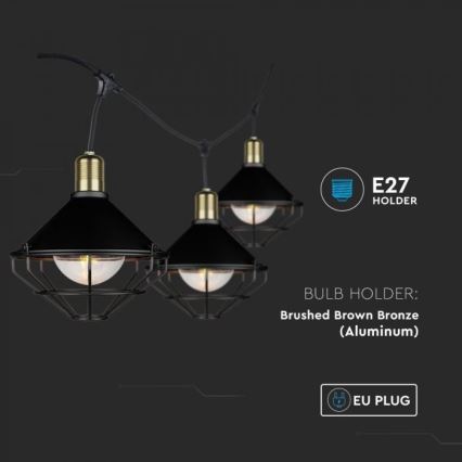 Iluminação de jardim suspensa LED STRING 3m 6xE27/8W/230V IP65 preta