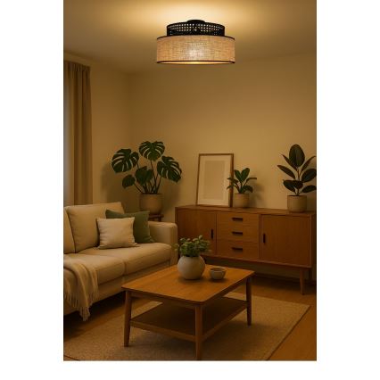 Iluminação de teto BOHO 1xE27/60W/230V diâmetro 40 cm preto/vime