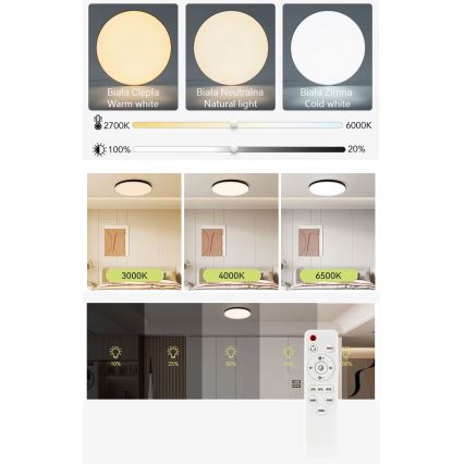 Iluminação de teto LED com regulação LED/50W/230V 3000-6500K diâmetro 50 cm preto + comando
