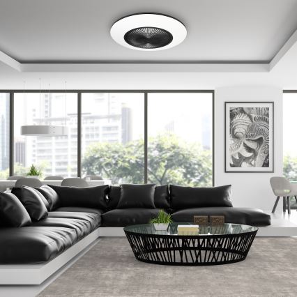 Iluminação de teto LED regulável com ventoinha ARIA LED/38W/230V preto/branco + controlo remoto
