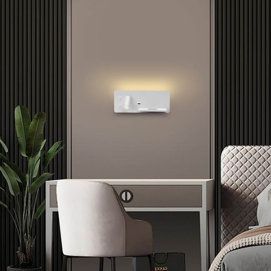 Immax 08285L - Luminária de parede LED com prateleira, porta USB e carregamento sem fio Be PREPARE LED/3W/230V + LED/3W branco