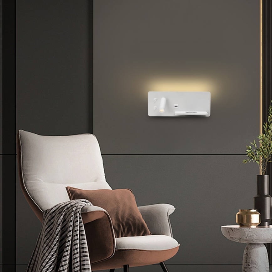Immax 08285L - Luminária de parede LED com prateleira, porta USB e carregamento sem fio Be PREPARE LED/3W/230V + LED/3W branco