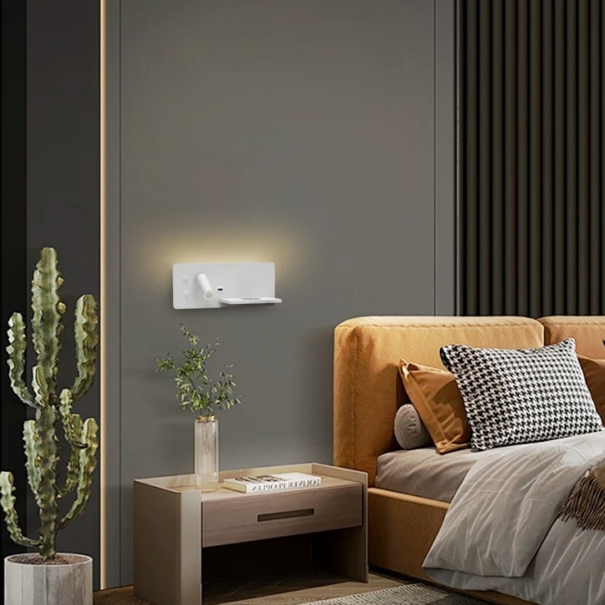 Immax 08285L - Luminária de parede LED com prateleira, porta USB e carregamento sem fio Be PREPARE LED/3W/230V + LED/3W branco